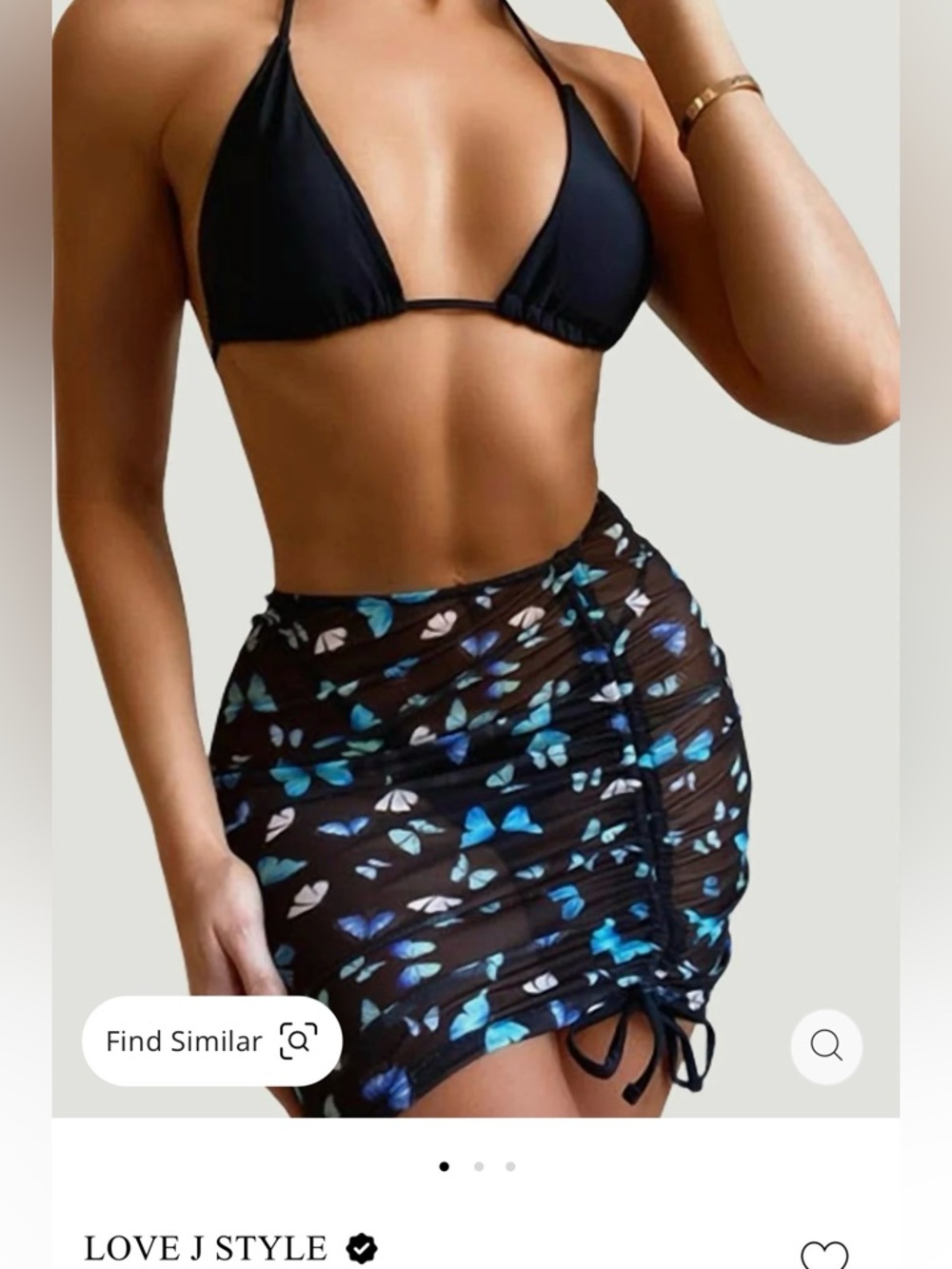 Brand New Love J Black Butterfly-Skirt 3 Pc Bikini Swimsuit Size L